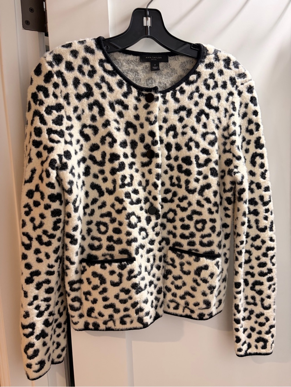 Ann Taylor Black and Ivory Leopard-Print Teddy Jacket
